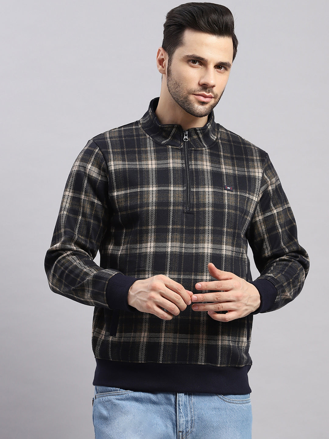 Men Navy Blue Self Design Collar Full Sleeve Sweatshirt