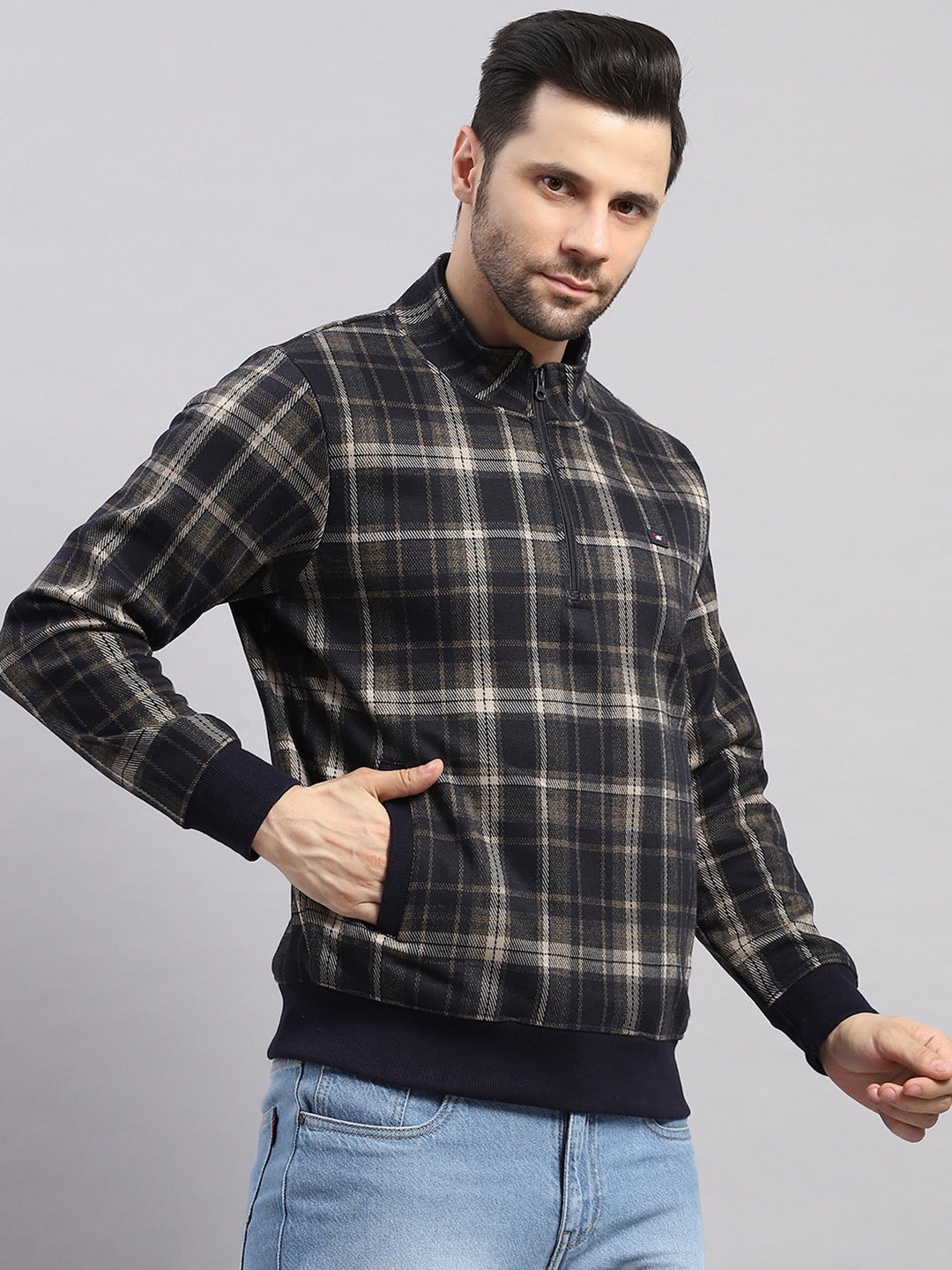Men Navy Blue Self Design Collar Full Sleeve Sweatshirt