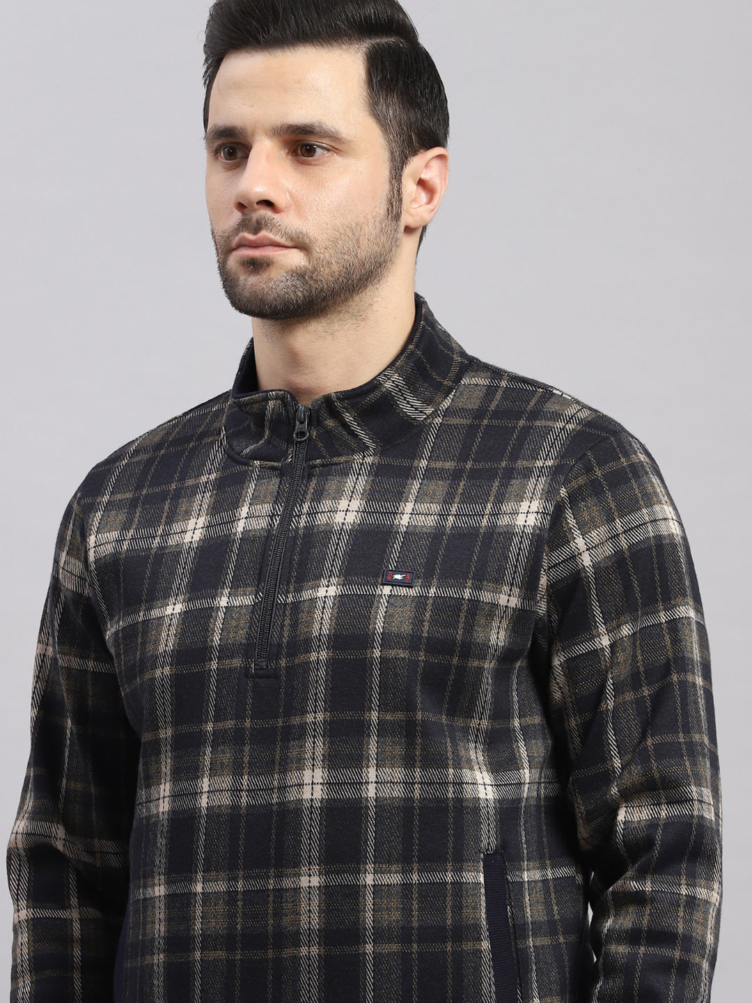 Men Navy Blue Self Design Collar Full Sleeve Sweatshirt