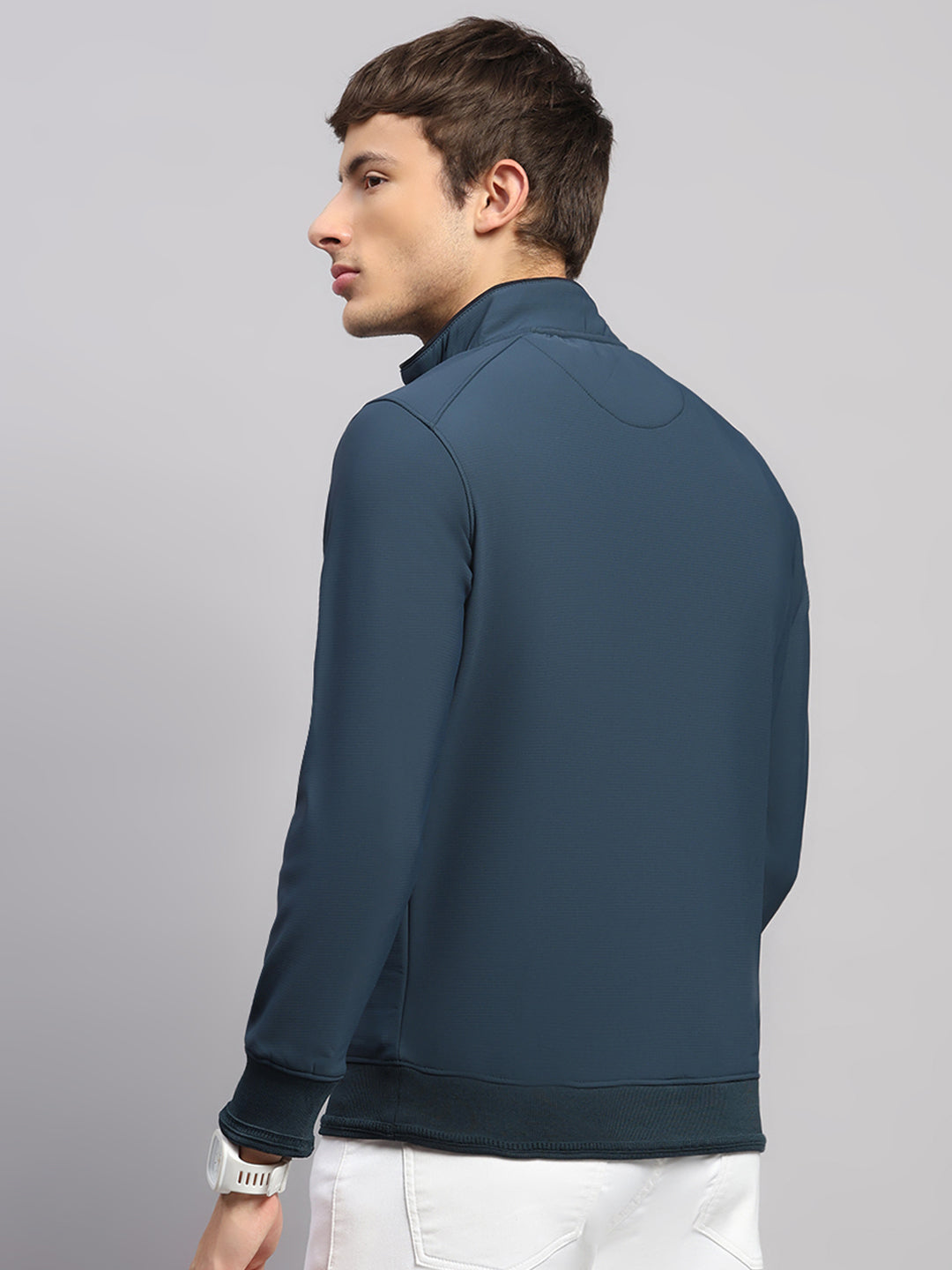 Men Teal Blue Solid Collar Full Sleeve Sweatshirt