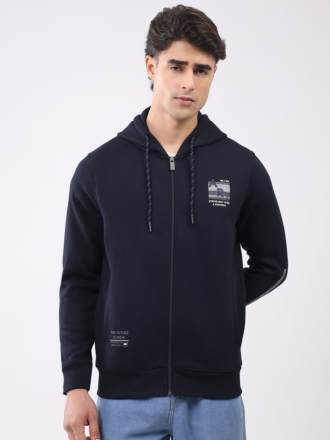 Men Navy Blue Solid Hooded Full Sleeve Sweatshirt