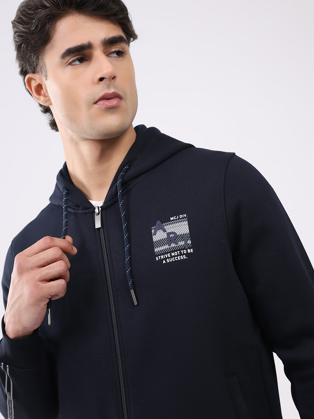 Men Navy Blue Solid Hooded Full Sleeve Sweatshirt