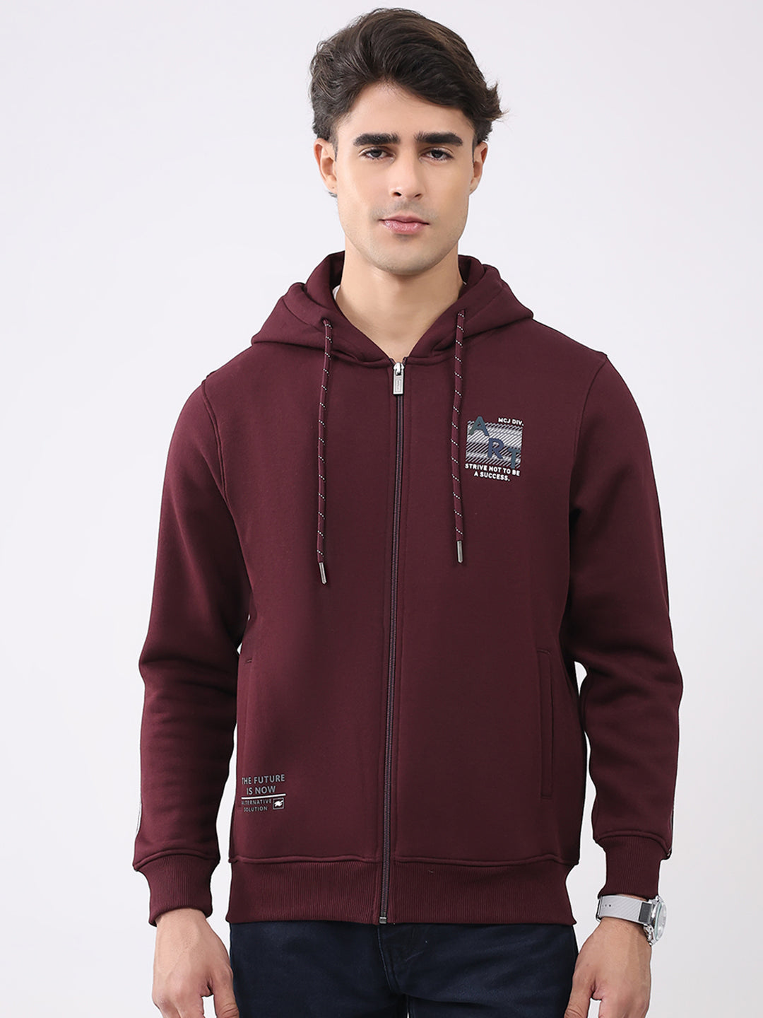 Men Maroon Solid Hooded Full Sleeve Sweatshirt