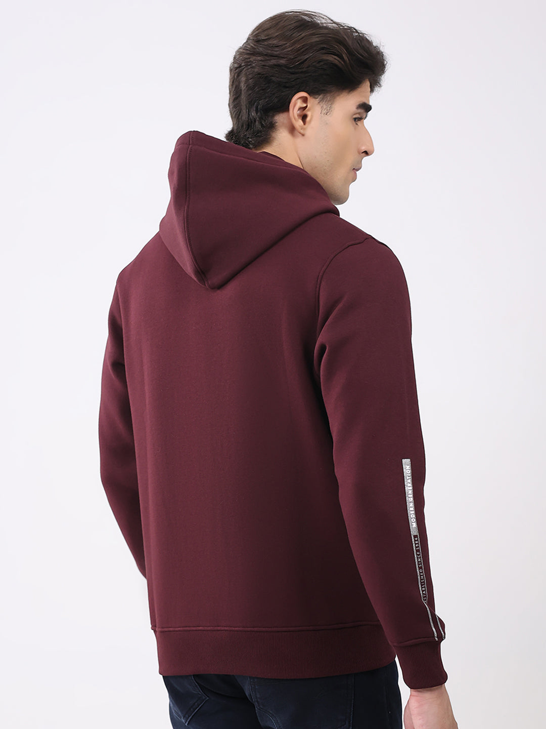 Men Maroon Solid Hooded Full Sleeve Sweatshirt