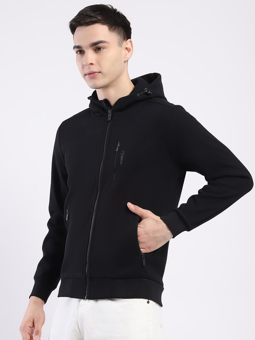 Men Black Solid Hooded Full Sleeve Sweatshirt