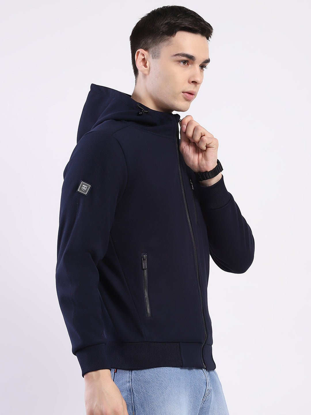 Men Navy Blue Solid Hooded Full Sleeve Sweatshirt