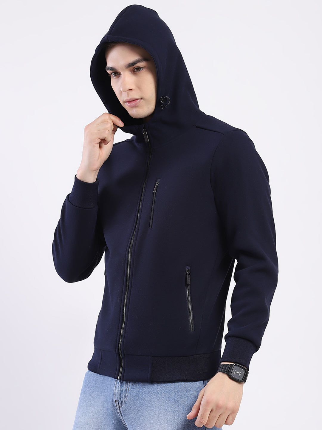 Men Navy Blue Solid Hooded Full Sleeve Sweatshirt