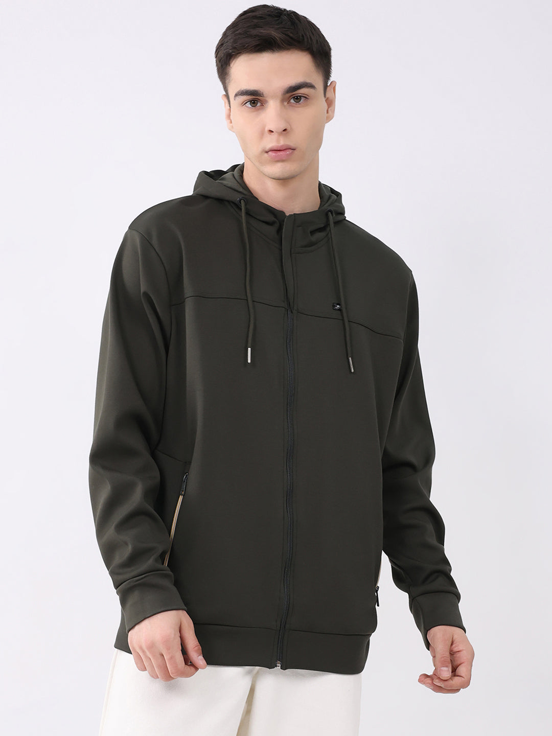 Men Olive Solid Hooded Full Sleeve Sweatshirt