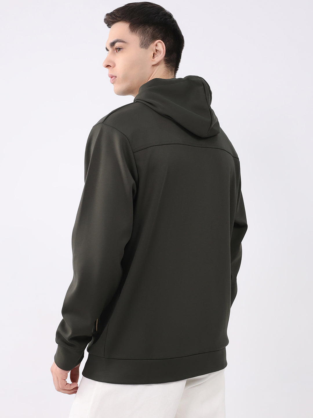Men Olive Solid Hooded Full Sleeve Sweatshirt