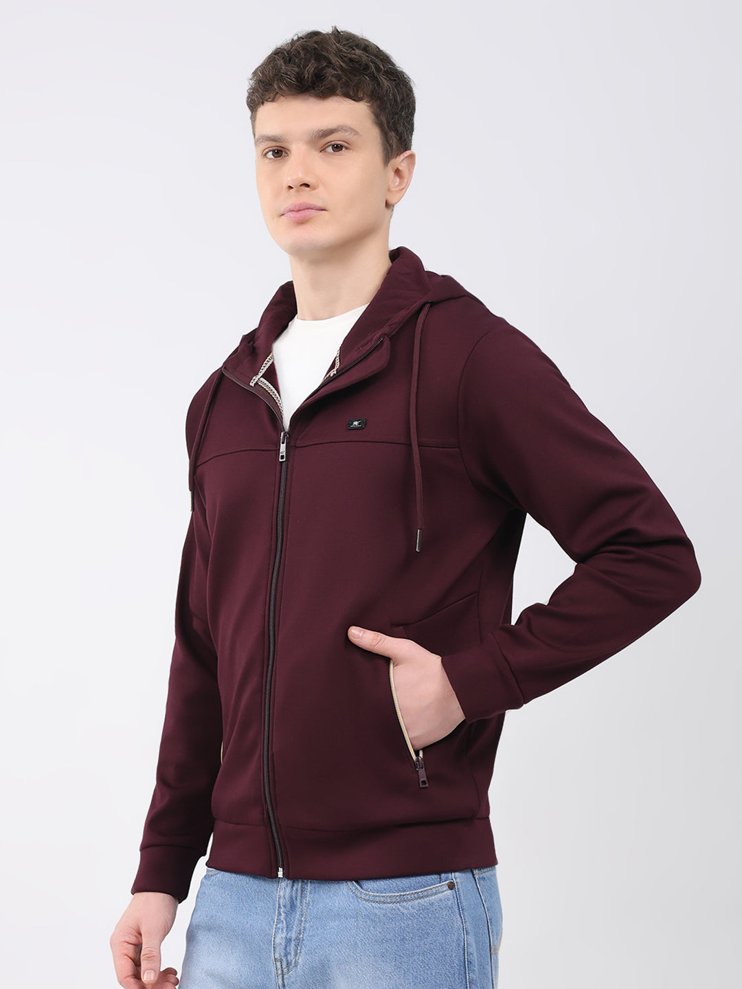 Men Maroon Solid Hooded Full Sleeve Sweatshirt