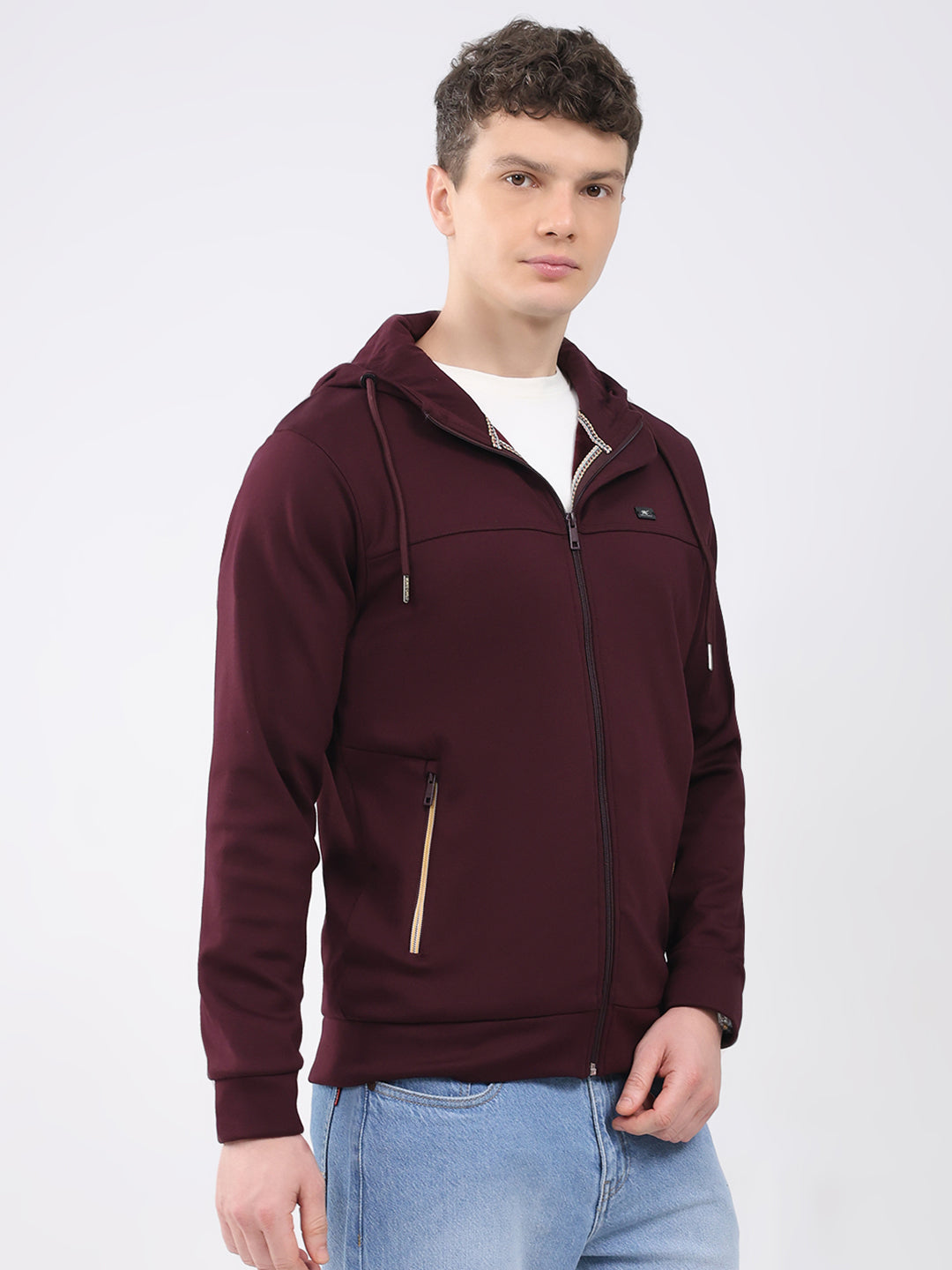Men Maroon Solid Hooded Full Sleeve Sweatshirt