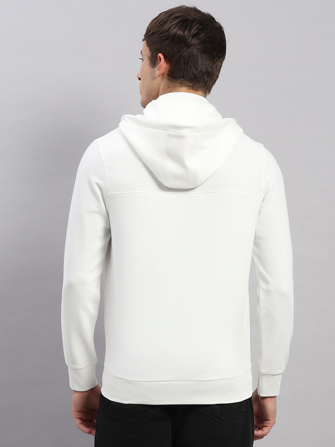 Men Off White Solid Hooded Full Sleeve Sweatshirt