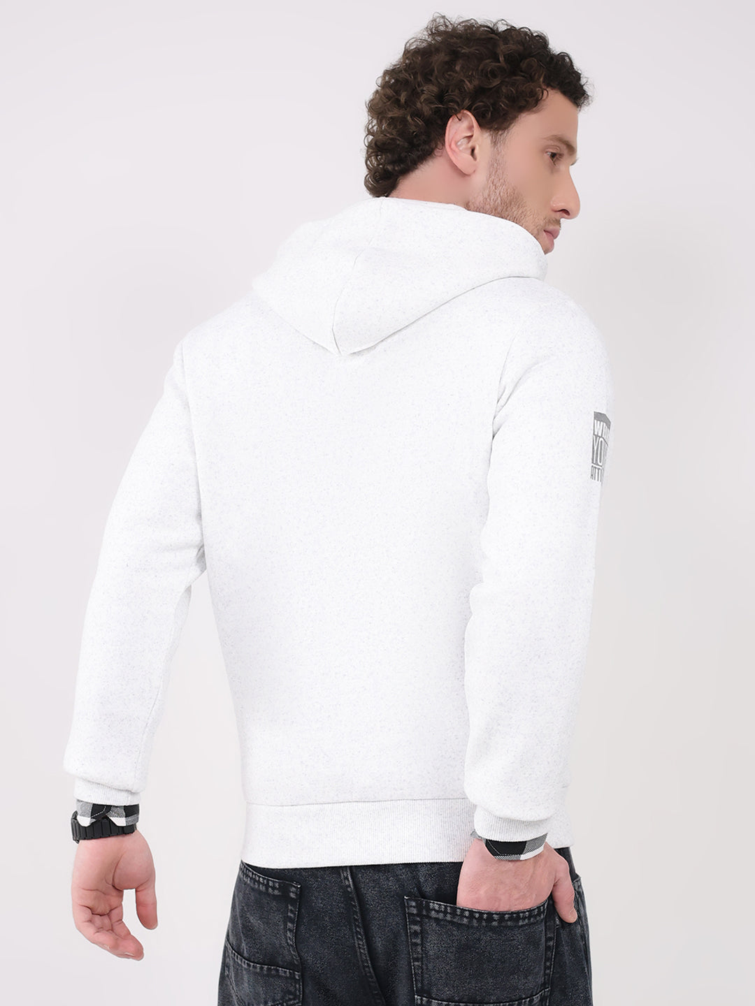 Men White Printed Hooded Full Sleeve Sweatshirt