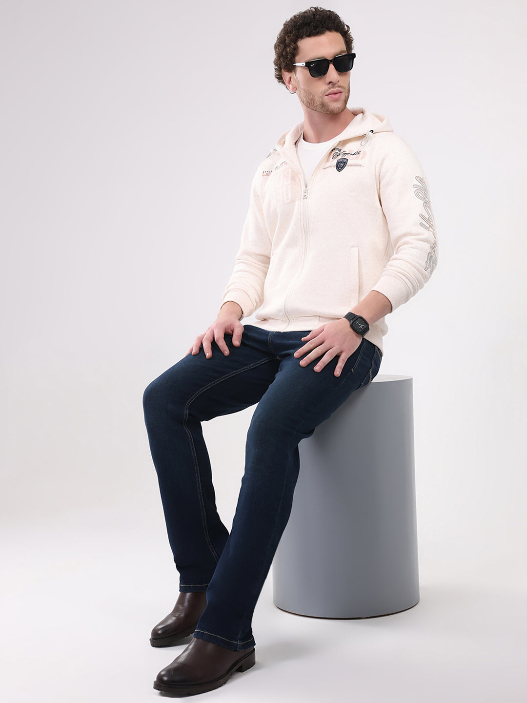 Men Beige Printed Hooded Full Sleeve Sweatshirt