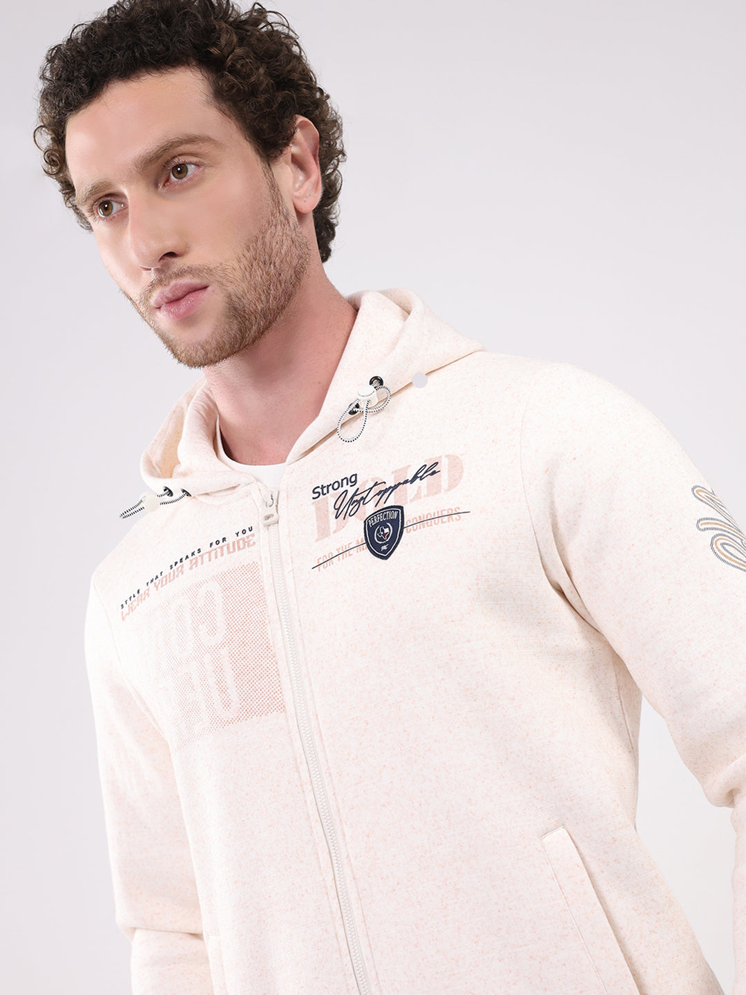 Men Beige Printed Hooded Full Sleeve Sweatshirt