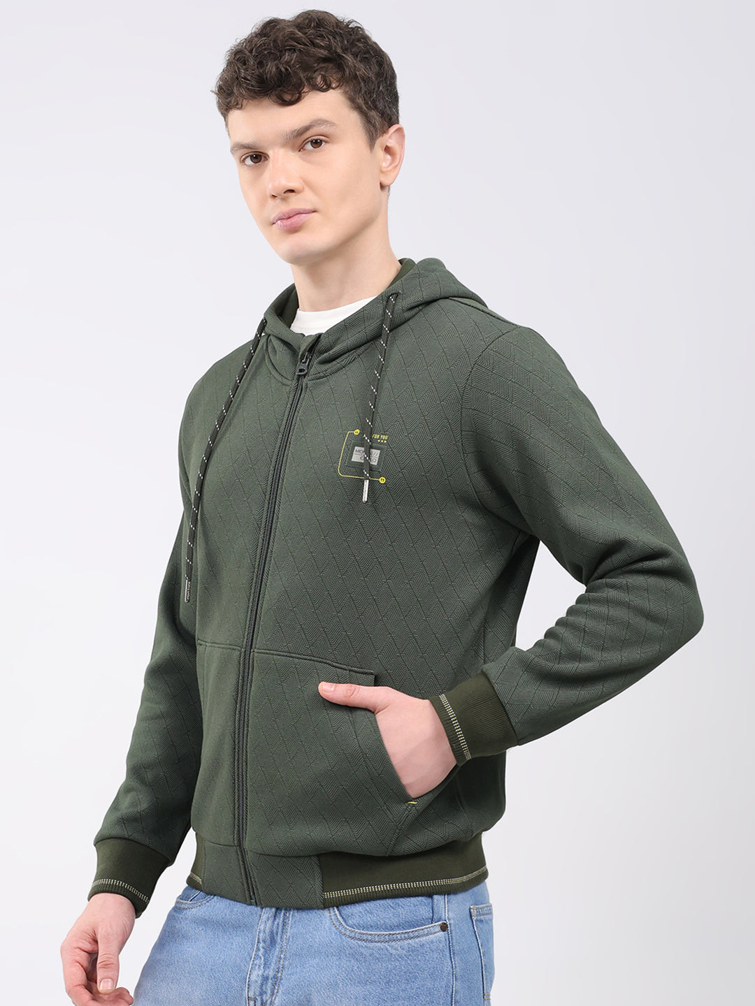 Men Olive Printed Hooded Full Sleeve Sweatshirt