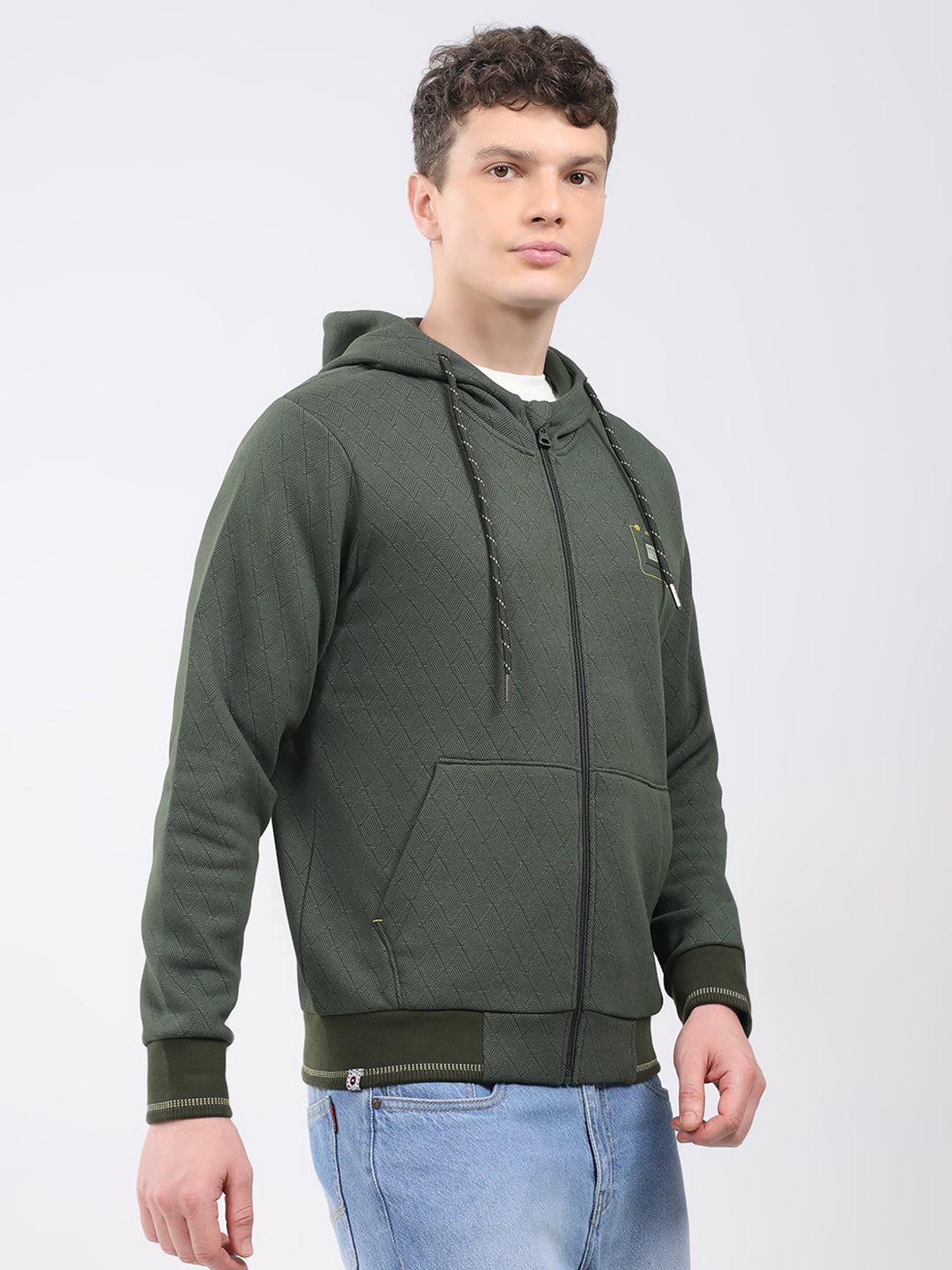 Men Olive Printed Hooded Full Sleeve Sweatshirt