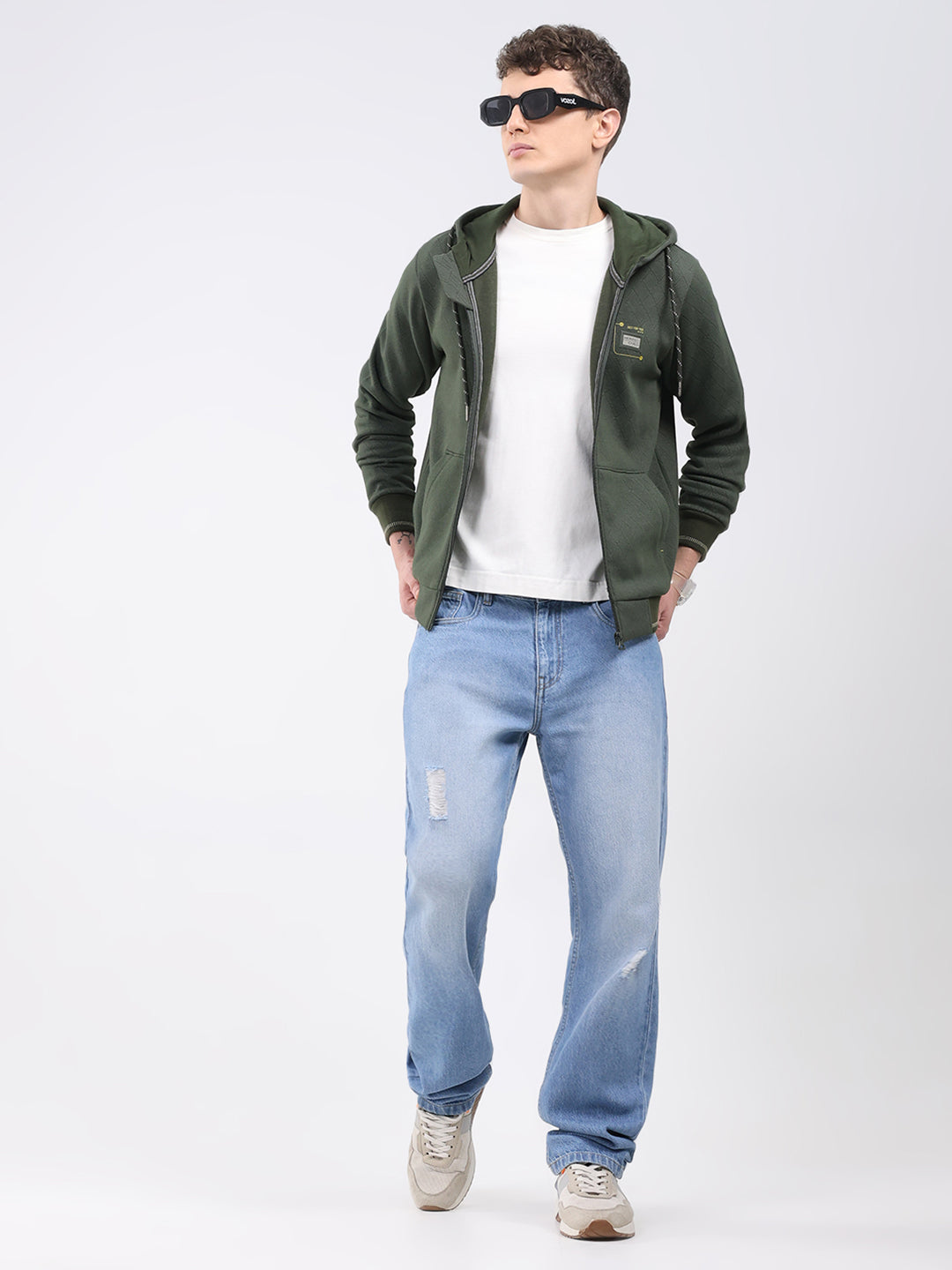 Men Olive Printed Hooded Full Sleeve Sweatshirt