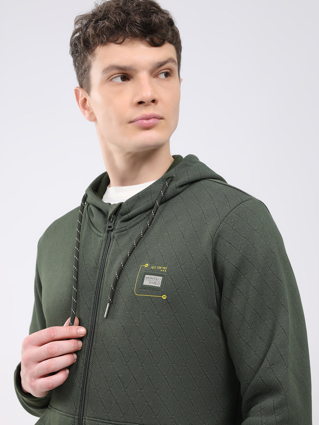Men Olive Printed Hooded Full Sleeve Sweatshirt