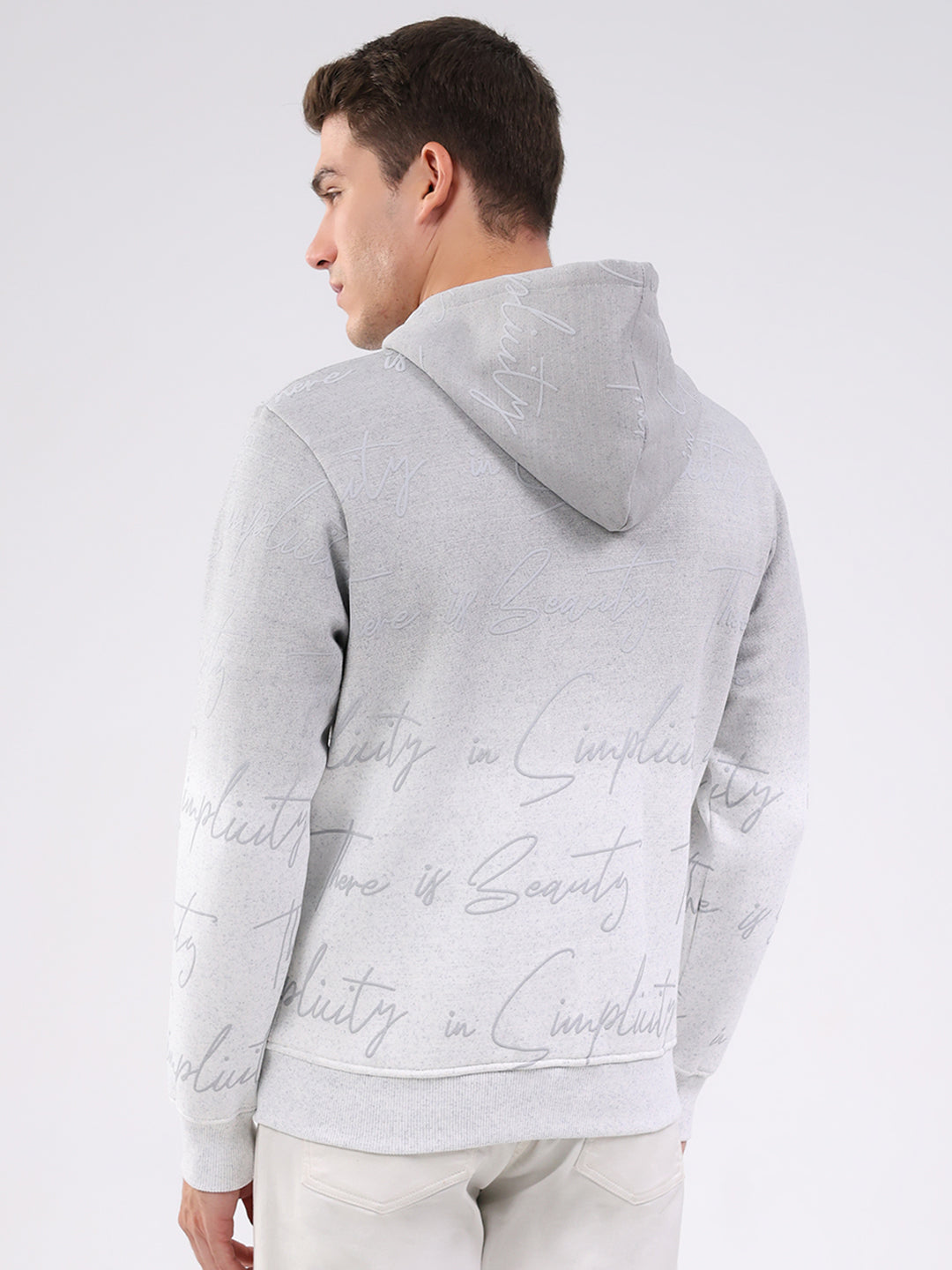 Men Grey Printed Hooded Full Sleeve Sweatshirt