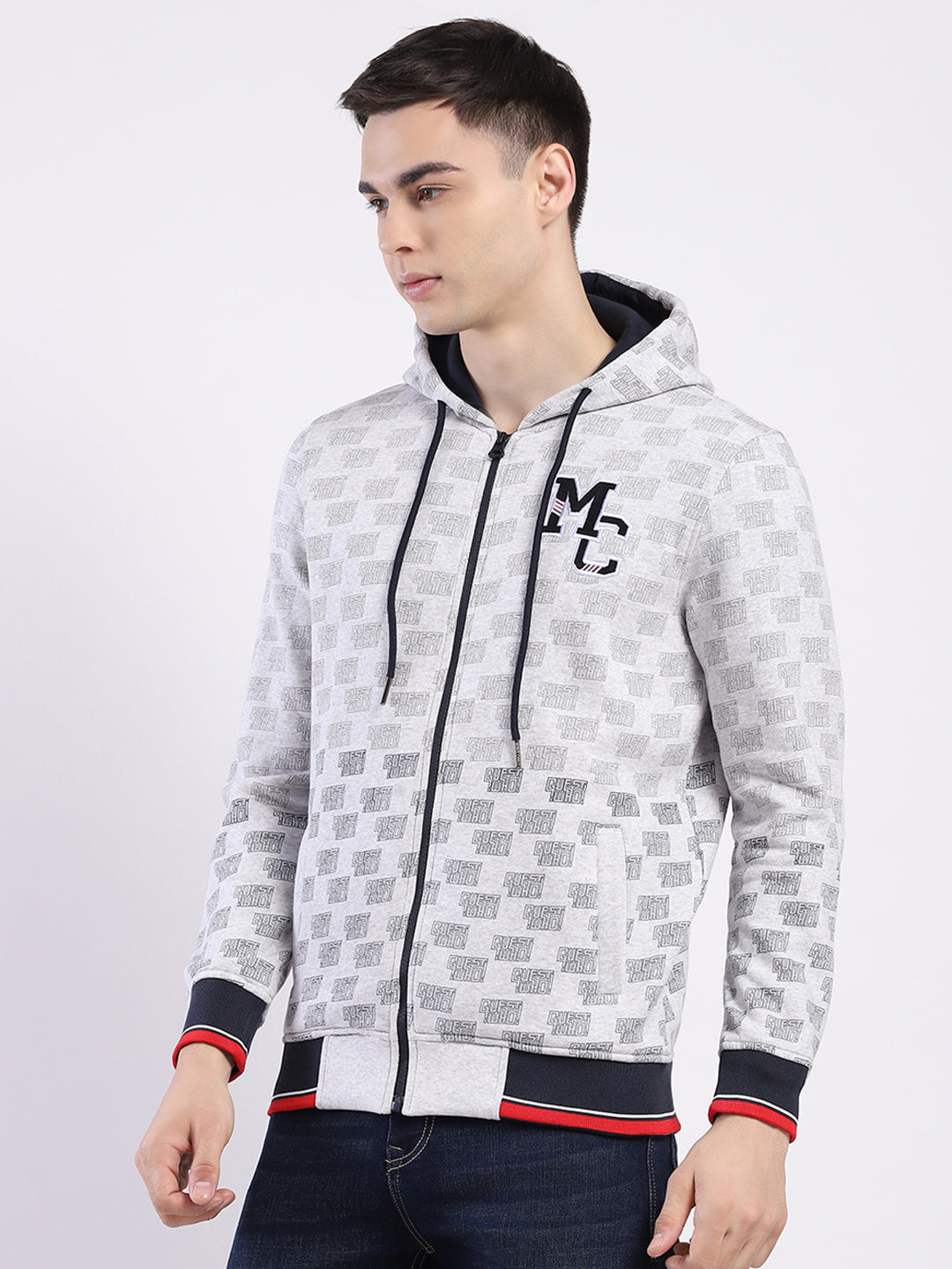 Men Grey Printed Hooded Full Sleeve Sweatshirt