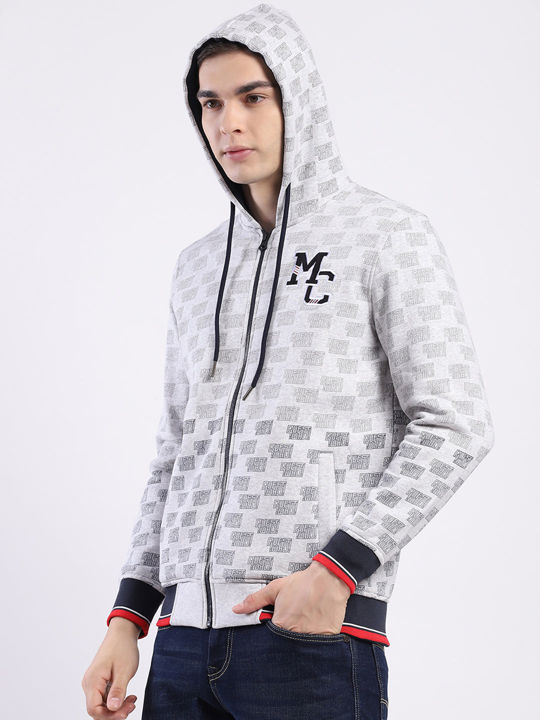 Men Grey Printed Hooded Full Sleeve Sweatshirt
