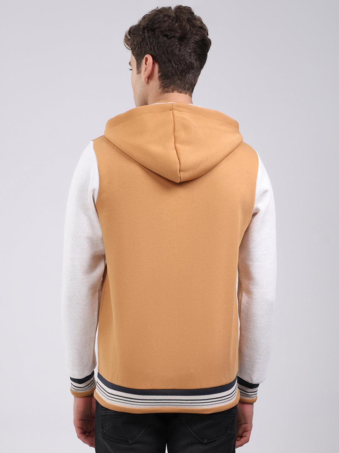 Men Tan Embroidered Hooded Full Sleeve Sweatshirt