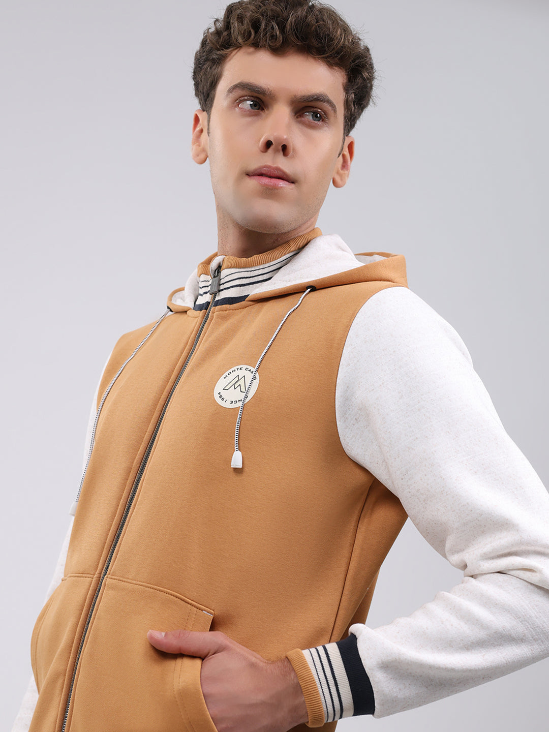 Men Tan Embroidered Hooded Full Sleeve Sweatshirt