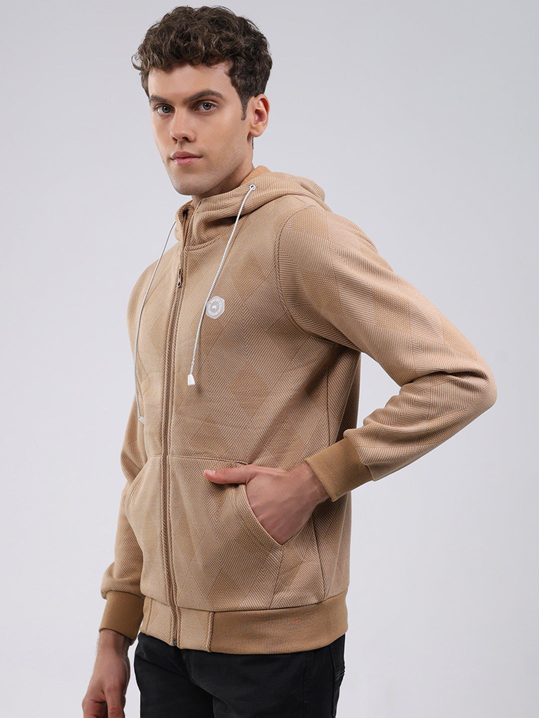 Men Tan Solid Hooded Full Sleeve Sweatshirt