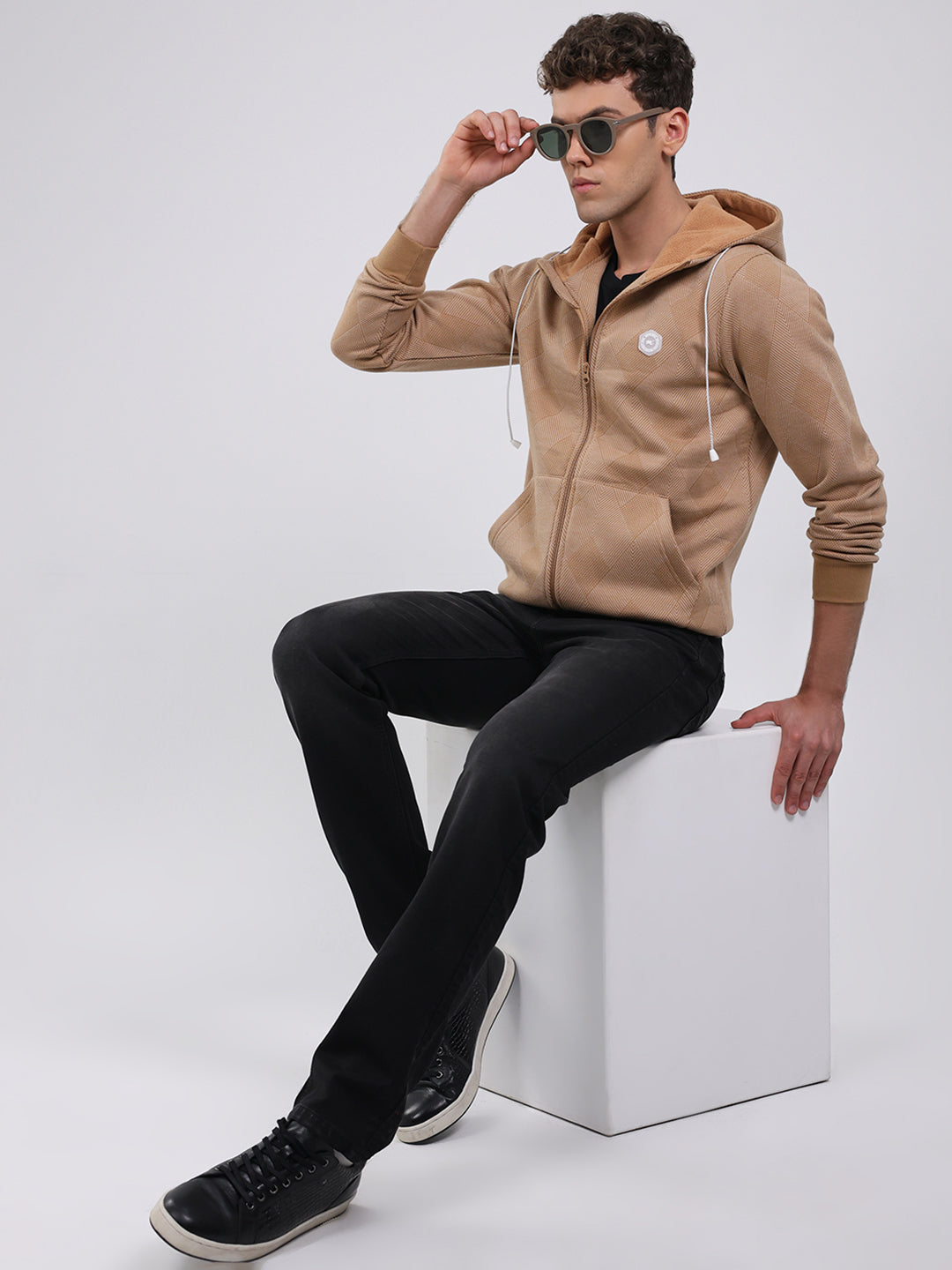 Men Tan Solid Hooded Full Sleeve Sweatshirt