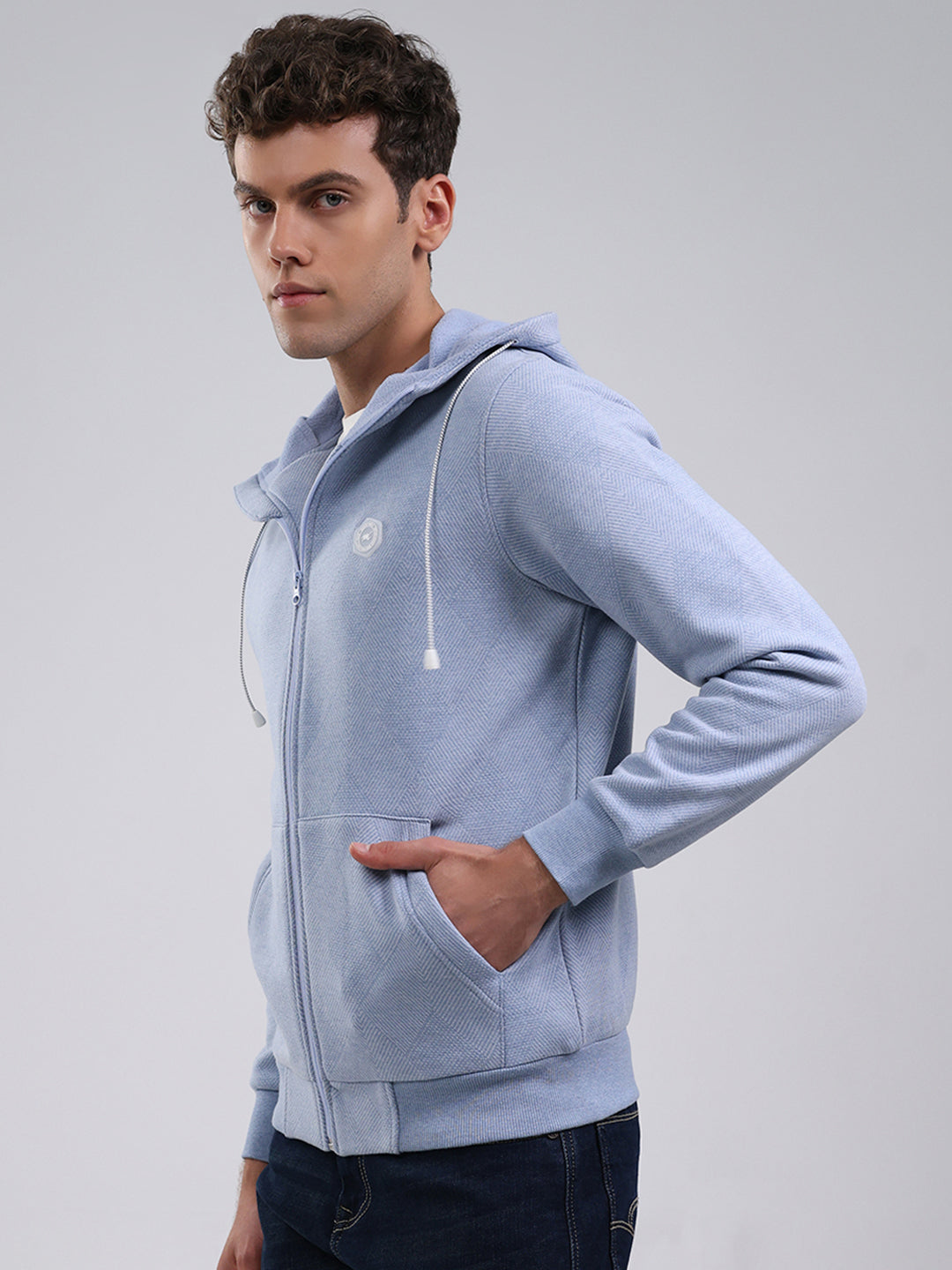 Men Sky Blue Solid Hooded Full Sleeve Sweatshirt