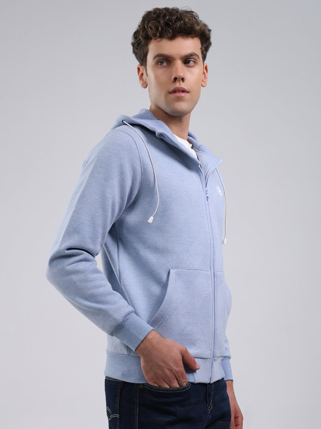 Men Sky Blue Solid Hooded Full Sleeve Sweatshirt