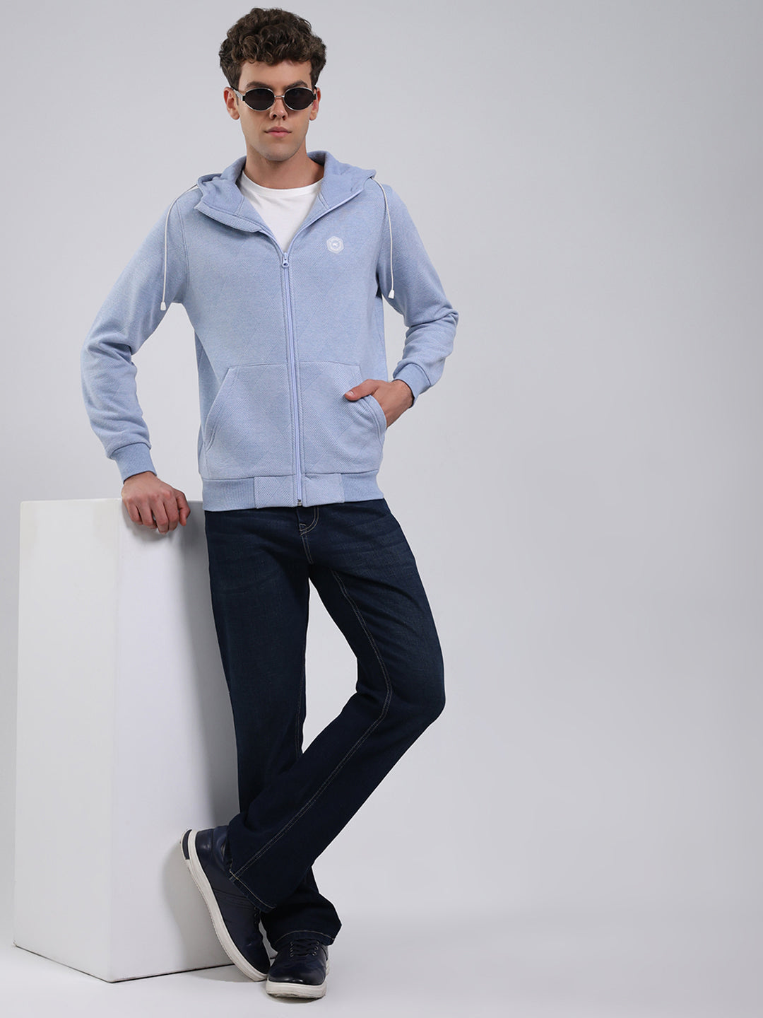 Men Sky Blue Solid Hooded Full Sleeve Sweatshirt