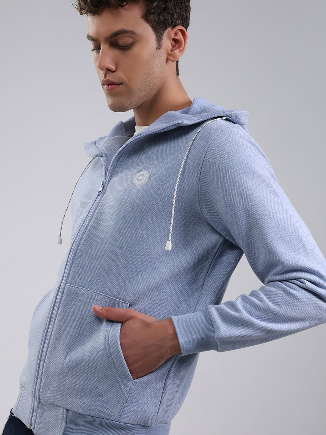 Men Sky Blue Solid Hooded Full Sleeve Sweatshirt