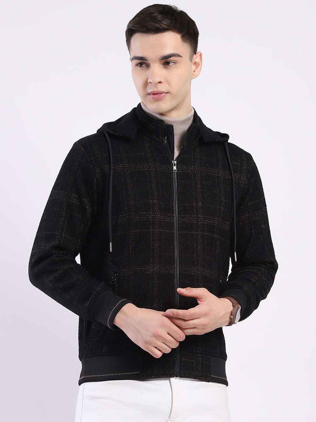 Men Brown Printed Hooded Full Sleeve Sweatshirt