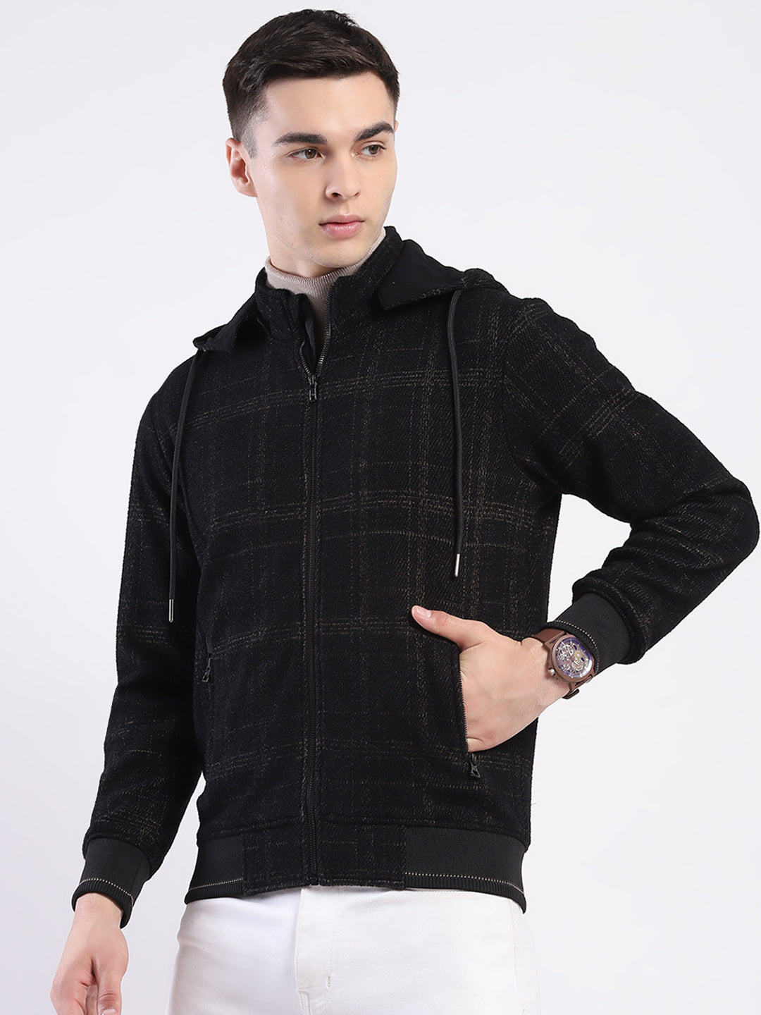 Men Brown Printed Hooded Full Sleeve Sweatshirt
