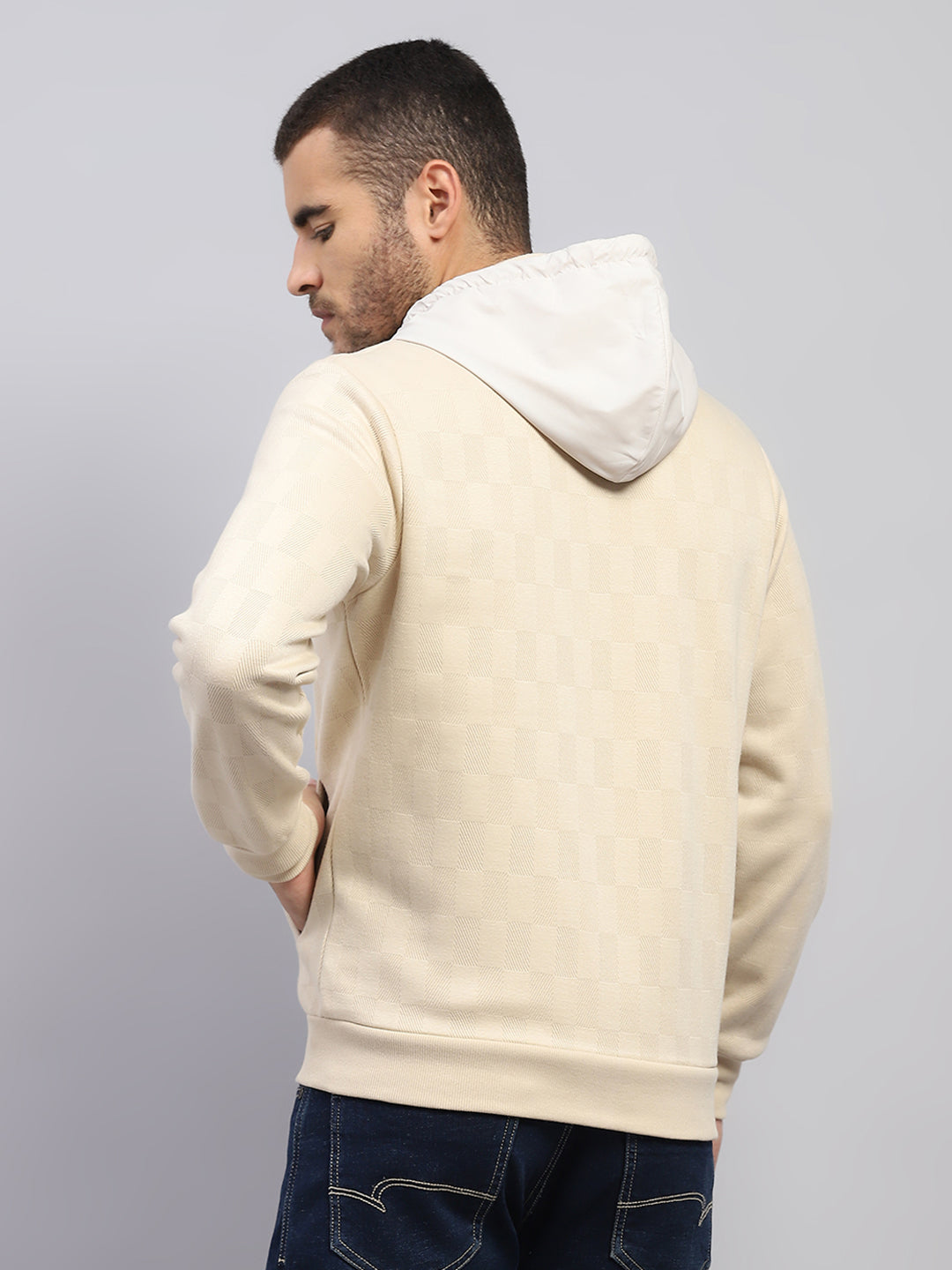 Men Beige Solid Hooded Full Sleeve Sweatshirt
