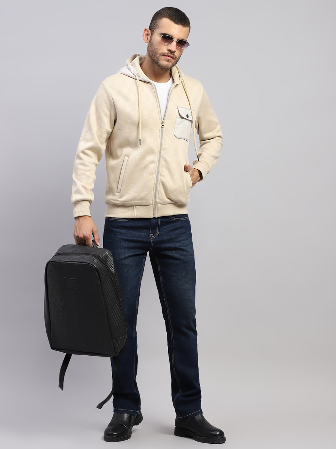 Men Beige Solid Hooded Full Sleeve Sweatshirt