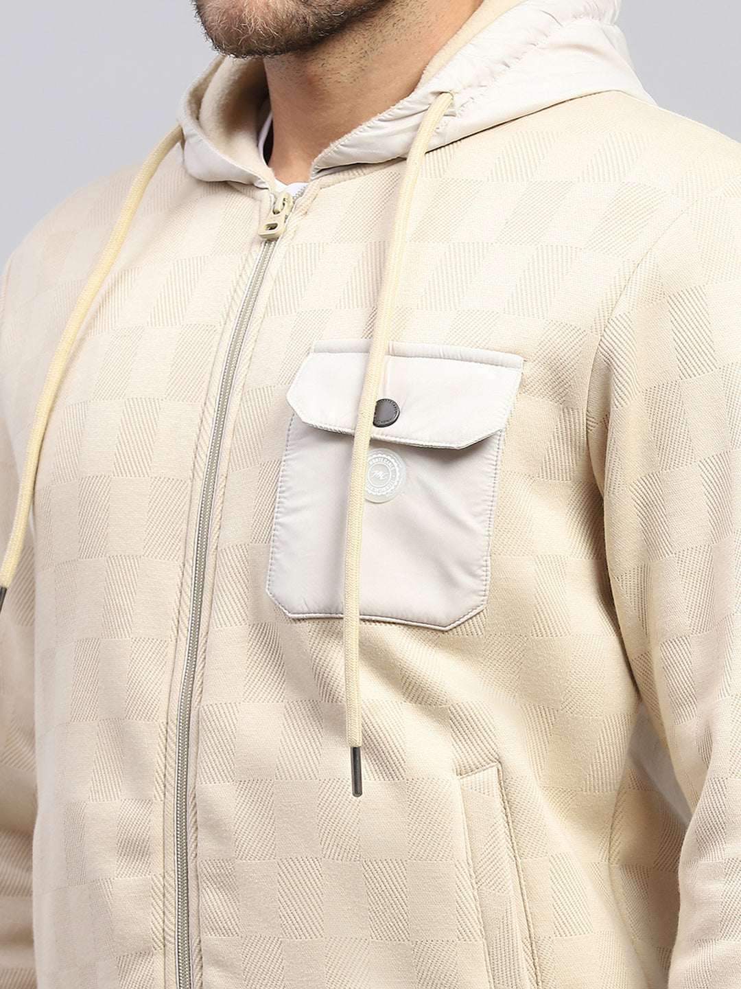 Men Beige Solid Hooded Full Sleeve Sweatshirt