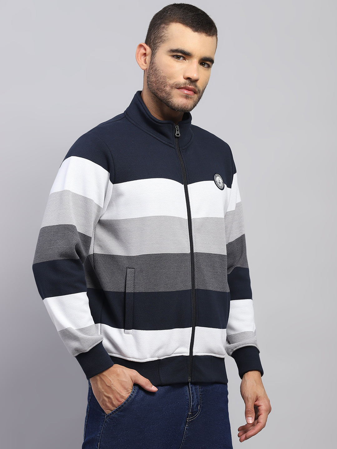 Men Navy Blue Self Design Hooded Full Sleeve Sweatshirt