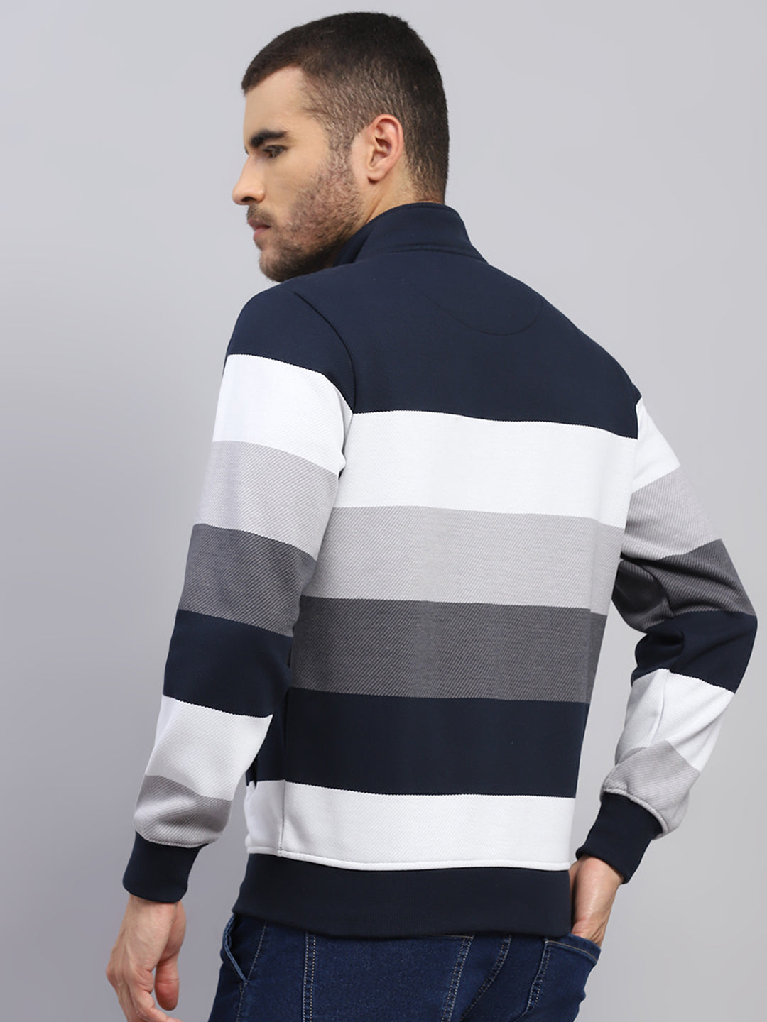 Men Navy Blue Self Design Hooded Full Sleeve Sweatshirt