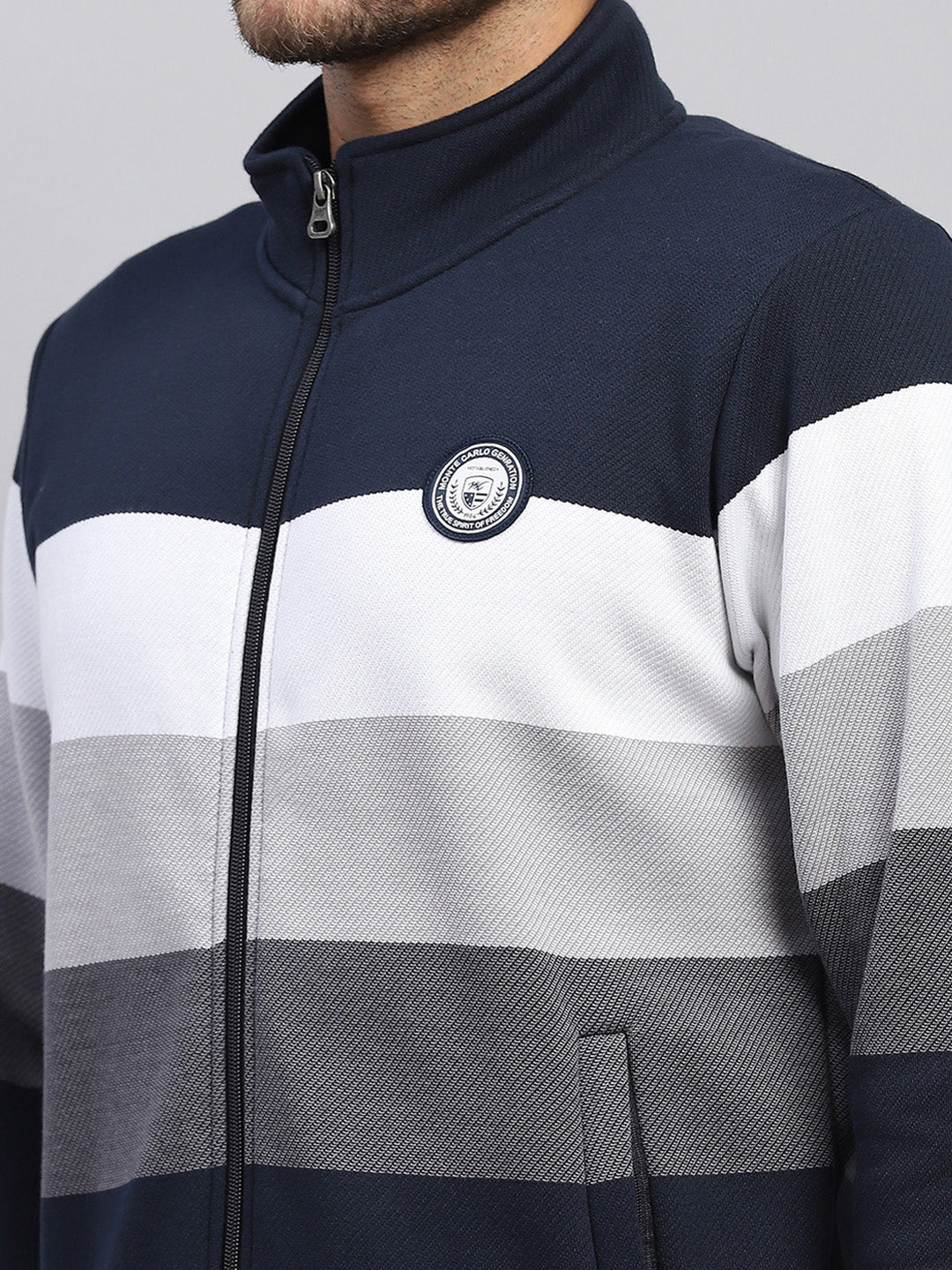 Men Navy Blue Self Design Hooded Full Sleeve Sweatshirt