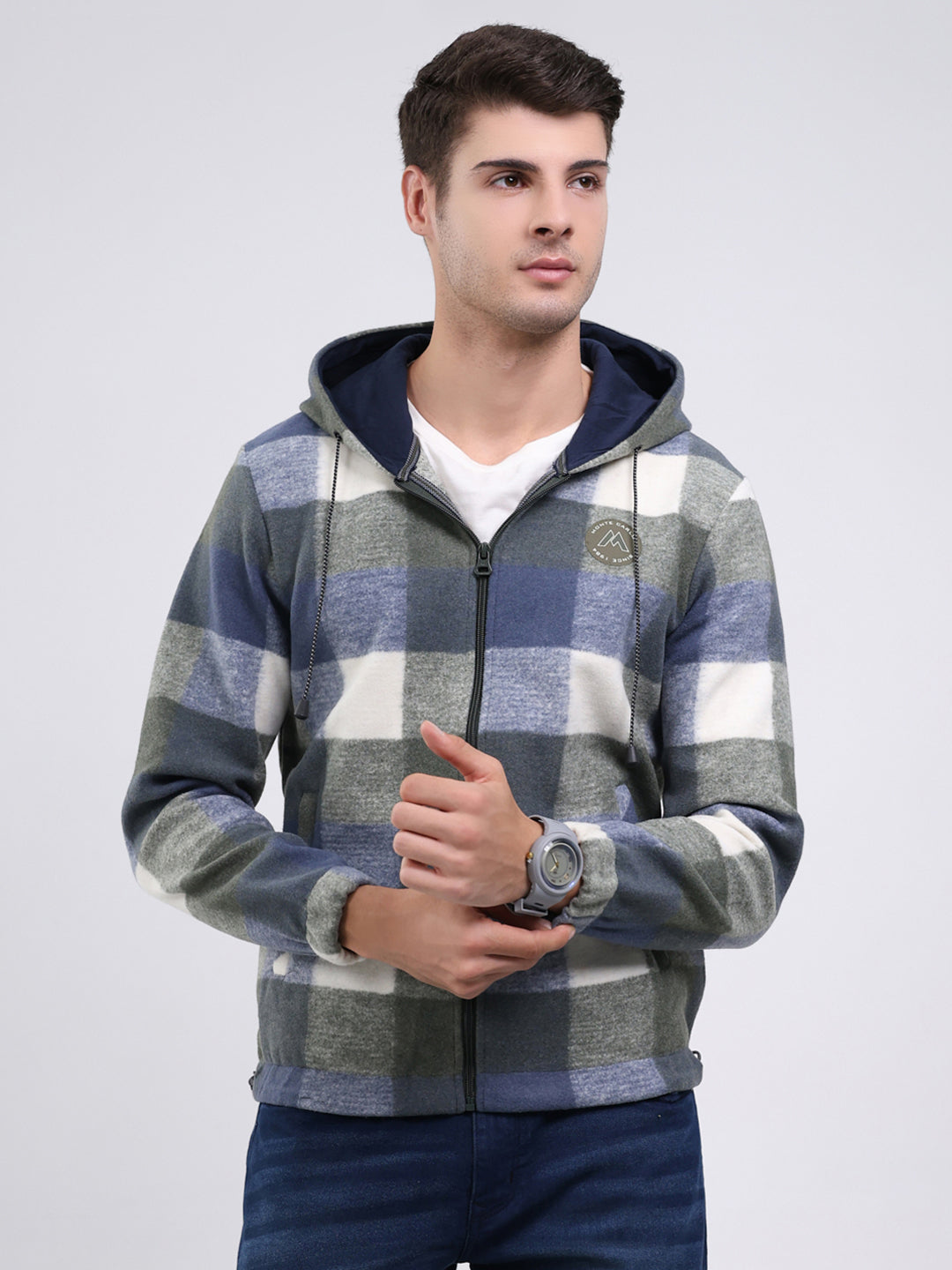 Men Green Self Design Hooded Full Sleeve Sweatshirt