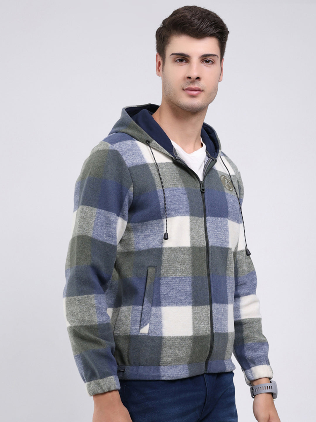 Men Green Self Design Hooded Full Sleeve Sweatshirt