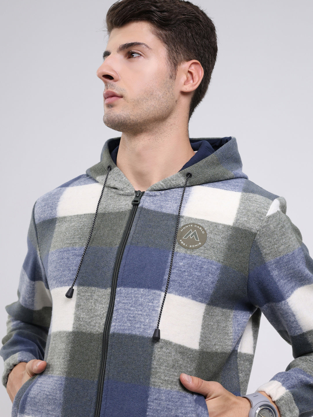 Men Green Self Design Hooded Full Sleeve Sweatshirt