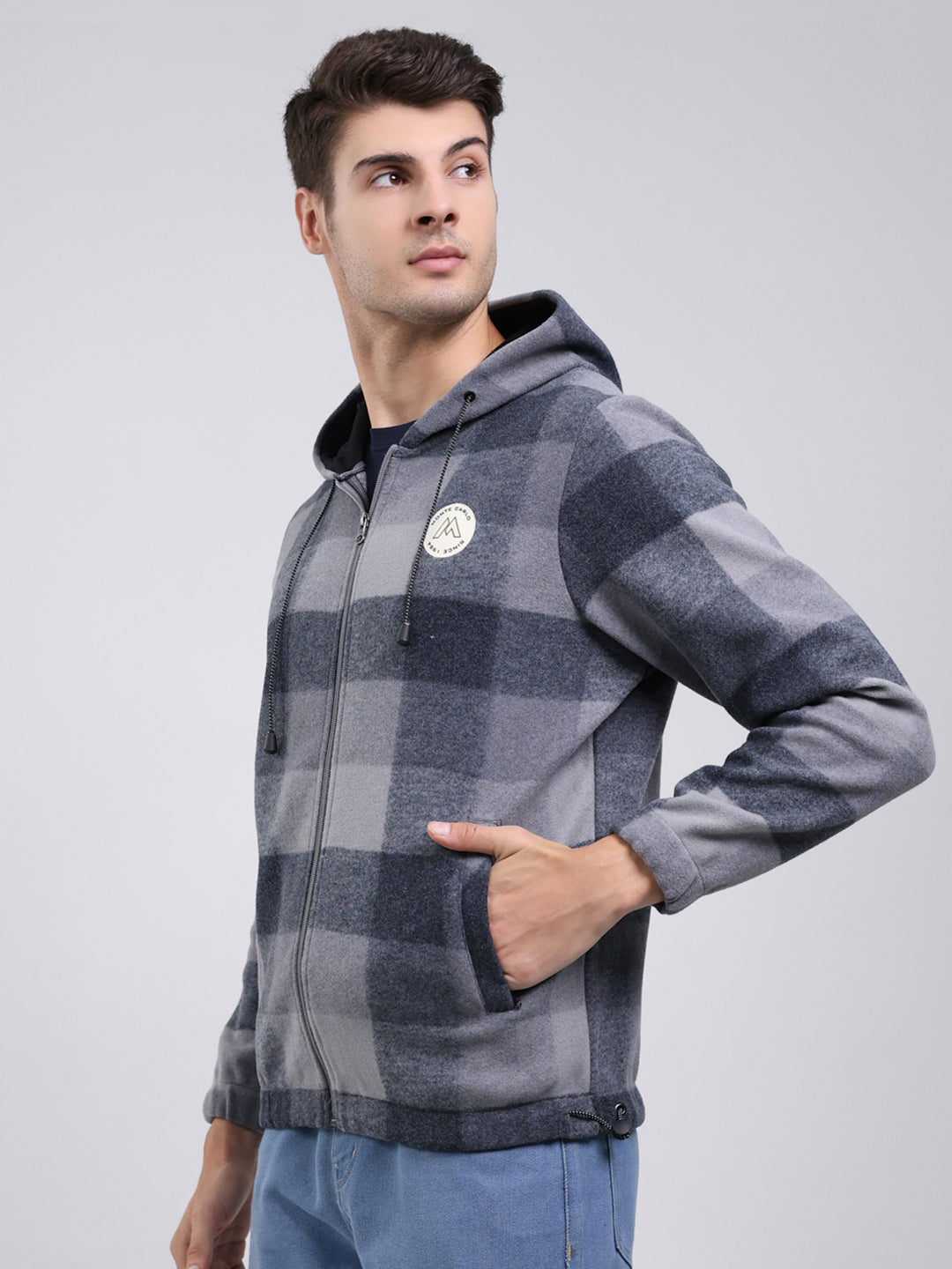 Men Grey Self Design Hooded Full Sleeve Sweatshirt