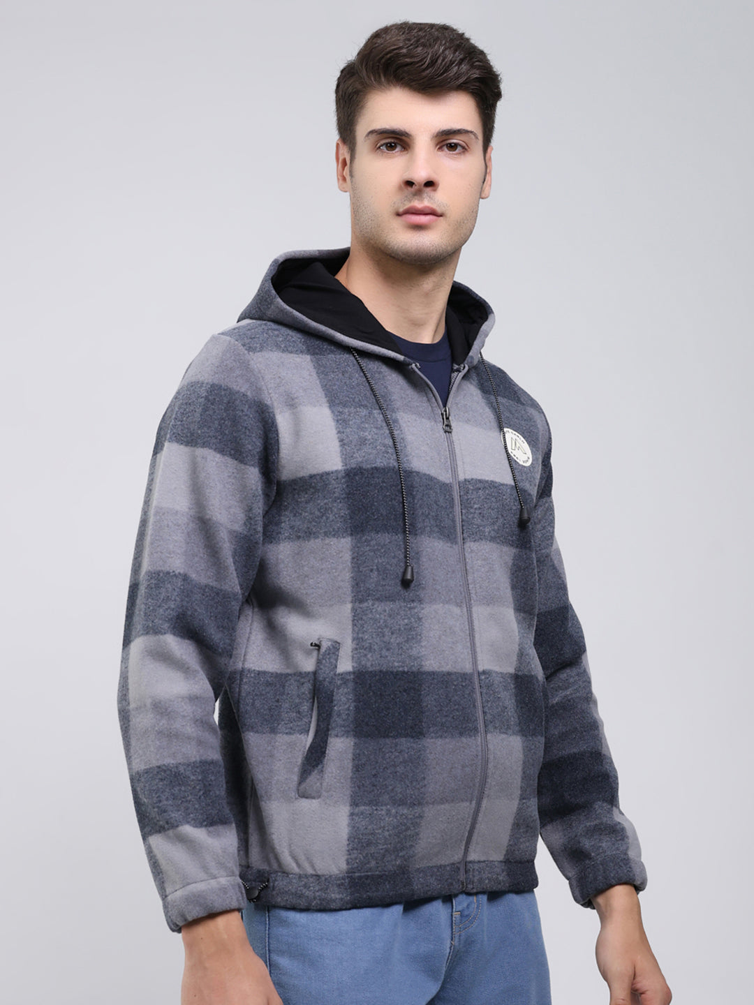 Men Grey Self Design Hooded Full Sleeve Sweatshirt