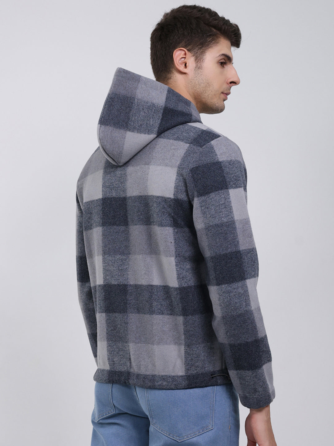 Men Grey Self Design Hooded Full Sleeve Sweatshirt