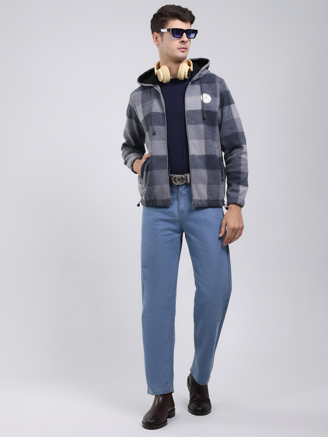 Men Grey Self Design Hooded Full Sleeve Sweatshirt