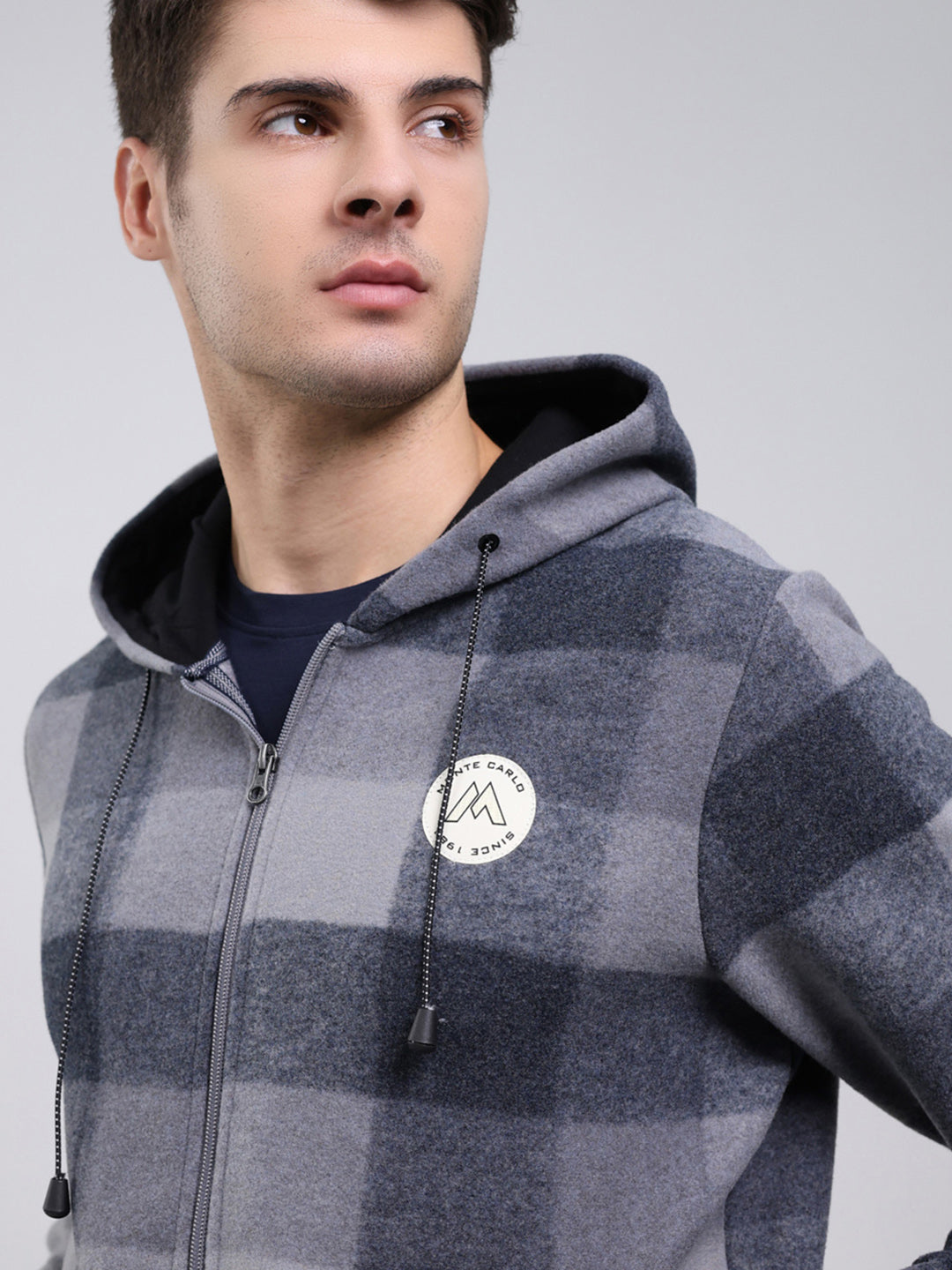 Men Grey Self Design Hooded Full Sleeve Sweatshirt